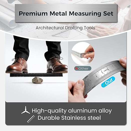2 Pcs Architectural Scale Ruler 12 Inch, Aluminum Architect Ruler & Metal Ruler Set, Imperial Engineer Scale for Blueprints, Drafting Ruler for Architects, Students, Draftsmen, and Engineers (Black)