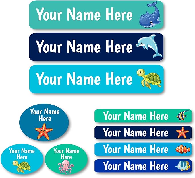 Personalized Labels for Kids (85 Labels/Pack) - 3 Sizes Waterproof Dishwasher Safe Peel & Stick Stickers for School Supplies Daycare Camp Clothing Bottles (Under the Sea)
