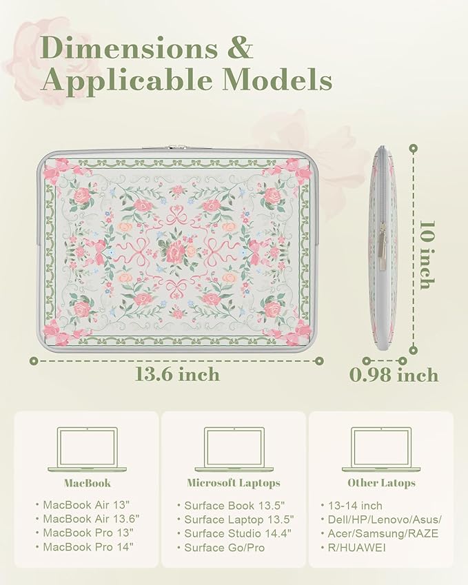 iCasso Laptop Sleeve 13 inch for MacBook Air 13-13.6 inch,Cute Laptop case for MacBook Neo/Pro 13 inch, Slim Protective Travel Carrying Case Sleeve for 14 inch Chromebook, HP, Retro Bow Green