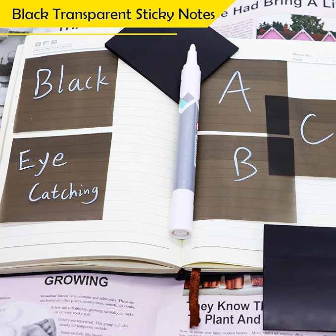 200 Sheets Black Transparent Sticky Notes, 3x3 Inch Translucent Self-Adhesive Clear See Through Sticky Post Sticky Note for Office Woman Teacher School Classroom College Student Supplies 4 Pads