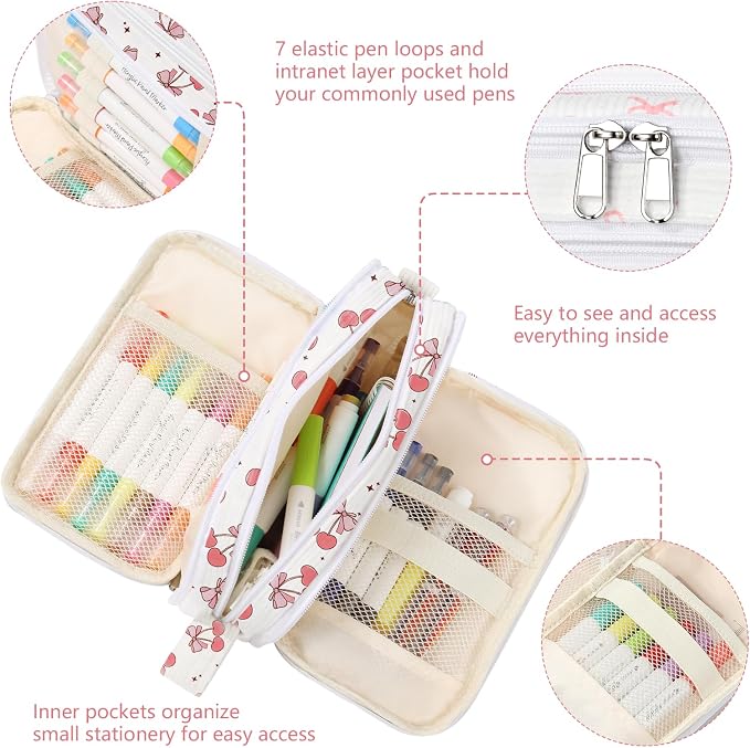 Corduroy Pencil Case, Large Capacity Pencil Pouch with 4 Compartments, Cute Soft Aesthetic Stationery Pen Bag Organizer with Zipper, Portable School Supplies for Teen and Adult Girls, Big Cherry