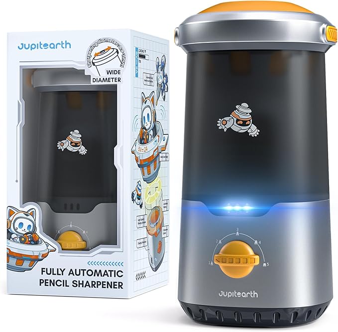 JUPITEARTH Electric Pencil Sharpener for Kids, Hands-Free, Rechargeable, Auto in & Out Spaceship Fully Automatic Pencil Sharpener Fits 6.9-11mm Colored/No.2 Pencils for Classroom Home Office (Black)