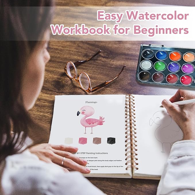 Easy Watercolor Workbook for Beginners - 12 Beautiful Step-by-Step Paintings Water Coloring Book, Includes 18 Water Colors, Relaxing Art Projects and Creative Gift for Adults & Teen (Animals)