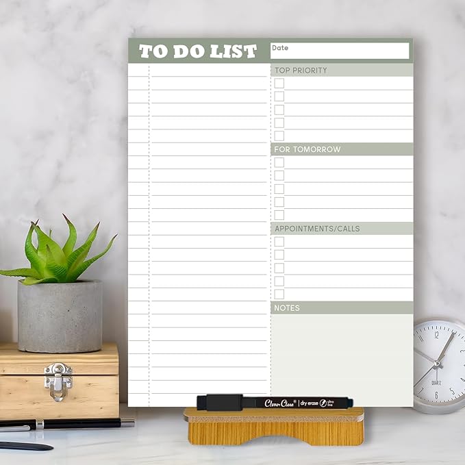 Dry Erase Desk Planning Board - Reusable Desktop Daily Planning Board, Work to-do List - 11"x8.5" Tabletop Dry Erase Board with Stand - Marker Included