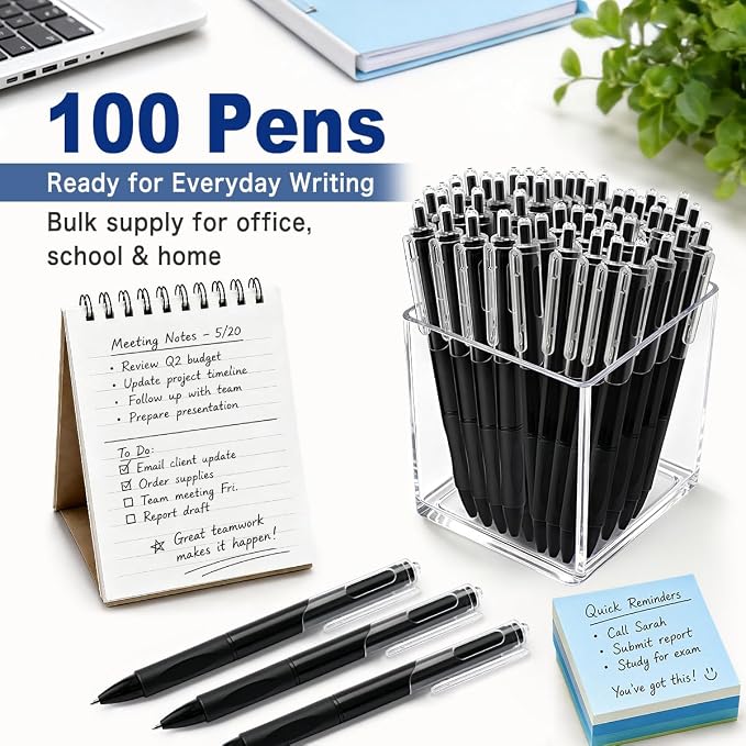 100 Count Black Gel Pens Bulk, Retractable 0.7mm Medium Point Pen | Smooth Quick-Drying Ink for Back to School Supplies, Home, Classroom and Office