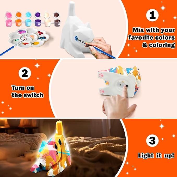FUNZBO 4.3in Paint Your Own Cat Lamp Kit - Arts and Crafts Supplies Painting for Kids Teens, DIY Night Light Toy for Girls Boys Age 3 4 5 6 7 8 9 10 11 12 13 Birthday Gifts