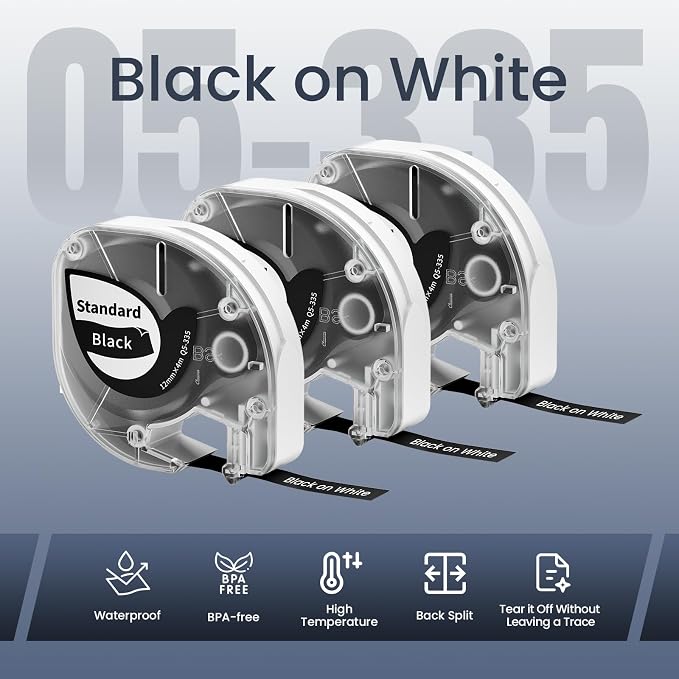 Phomemo P12 Label Tape Compatible with DYMO Label Maker Refills LT-100H | LT-100T 200B, for P12 LT12 F12 Label Makers 12mm x 4m(1/2''X 13') 3-Pack White on Black for School Name Tag Home Outdoor