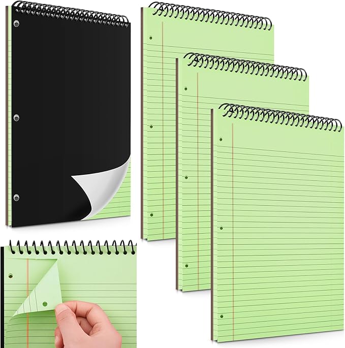 MotiMind 3 Pack 8.5" x 11" Top Spiral Notebook with 3 Hole Punched Green Legal Pads College Ruled Notepad 50 Sheets Hard Cardboard Paper Wirebound Notepad for Office School Business