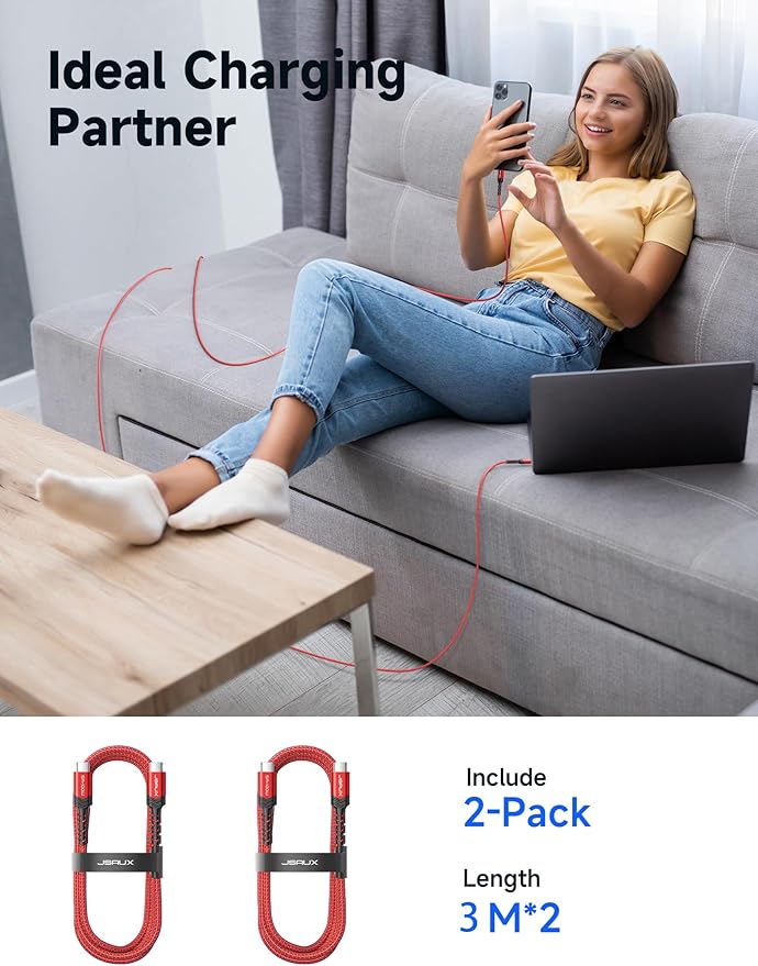 JSAUX 100W USB C to USB C Cable for iPhone 17, USBC Type C Charge Cord 5A Fast Charging Compatible with iPhone 17 Air 16 15 Pro Max Samsung Galaxy S25 S24 MacBook iPad Pro Carplay (2-Pack, 10ft) Red