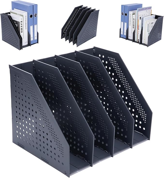 FRETONBA Collapsible Magazine File Holder with 4 Vertical Compartments Foldable Binder Holder for Desk Binder Storage Organizer Plastic Magazine Holders for Shelf, Dark Gray