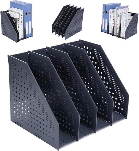 FRETONBA Collapsible Magazine File Holder with 4 Vertical Compartments Foldable Binder Holder for Desk Binder Storage Organizer Plastic Magazine Holders for Shelf, Dark Gray