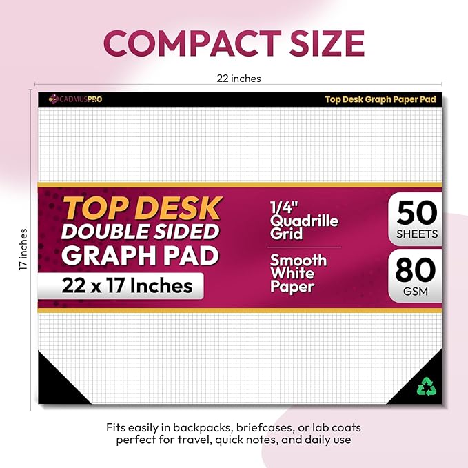 Top Desk Graph Paper Pad 22x17 Inch, 2 Pack 100 Sheets, Double-Sided 80 GSM Large Quadrille Grid Paper for Drafting, Design and Architecture