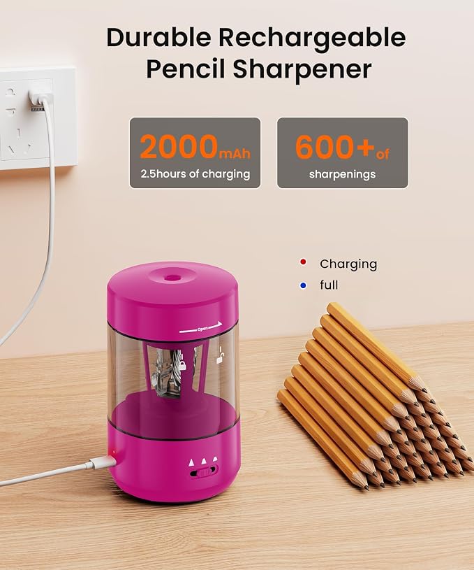 Electric Pencil Sharpener for Classroom, Fully Automatic, Pink