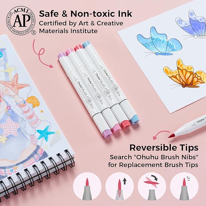 Ohuhu Alcohol Markers: Soft Chisel 60 Illustration-color Brush & Soft Chisel Dual Tips Drawing Markers for Artist Beginner Adult Coloring Illustration Sketching -Honolulu S - Red Dot Award Winner