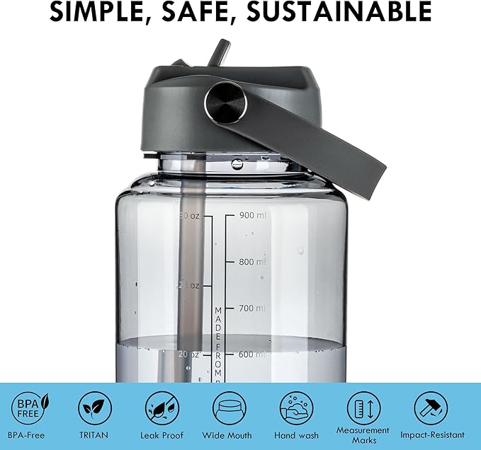OLDLEY 32 oz Clear Water Bottle with Straw,Tritan BPA-Free, Wide Mouth, Leak Proof - for Gym, Travel, Home, School, Office (Grey)
