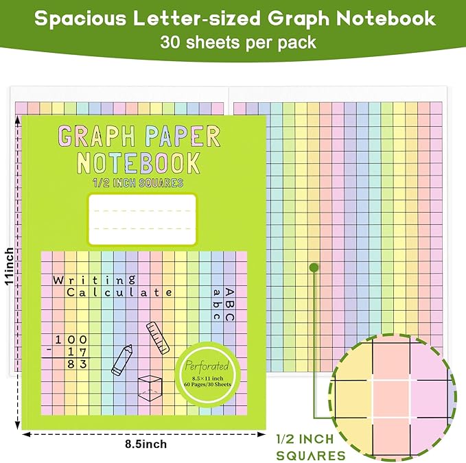 1 Pack 8.5×11 Colored Graph Paper Pad Math Notebook Graph Paper 1/2 Inch Squares Large Quad Ruled Grid Composition Notebook Colored Grid Paper Exercise for Kids School Dyslexia Dysgraphia 30 Sheets