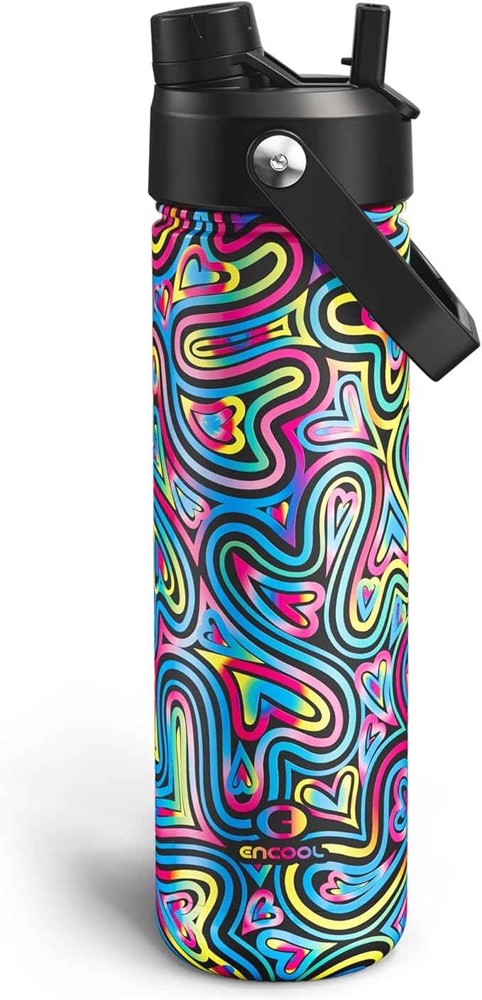 ENCOOL Insulated Water Bottle with Straw Stainless Steel Water Bottle, Leak-Proof, BPA-Free, Double Wall Vacuum Keeps Cold for 24 Hours for Sports, Travel, School (26 oz, Heart Swirl Black)