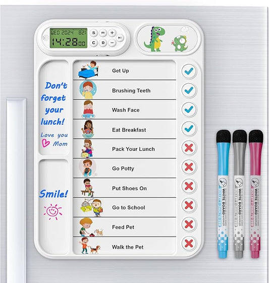 Magnetic Chore Chart for Kids with Alarm Clock, Dry Erase ADHD Task Tracker Easy-Check Routine Board to Do List Planning Tool with Stand, 3 Markers for Fridge/Desk/Home/School