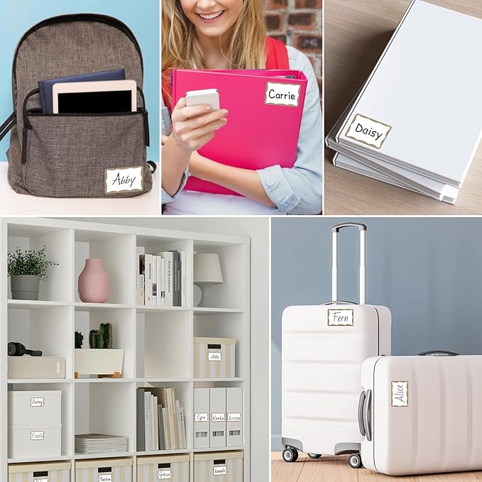 390Pcs Name Tags, 3in x 2in Name Tag Stickers, Name Tags Sticker for School Office Home（White with Brown Border）