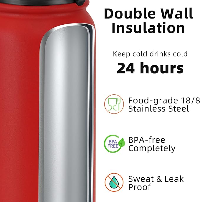 Fanhaw 20 Oz Kids Insulated Stainless Steel Water Bottle with Straw Lid, Leakproof & Anti-Dust Everyday Use Bottle for School, Women & Men, Back to School Essentials (Red)
