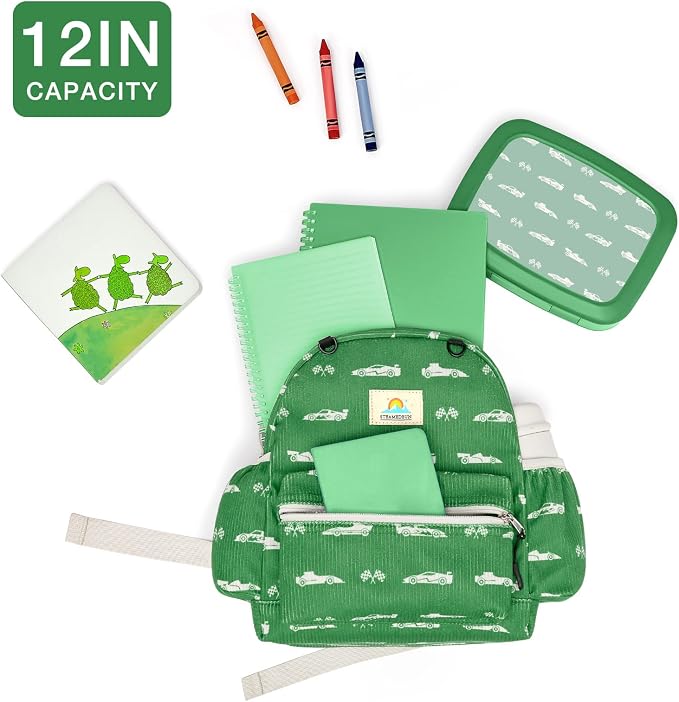 STEAMEDBUN Corduroy Toddler Backpack for Girls 2-4: Kids backpack for Boys Girls - 12 inch Preschool Kindergarten Backpacks - Green Racing