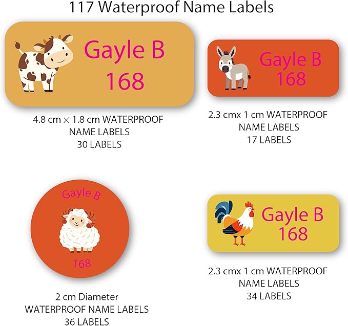 Personalized Kids Name Labels – Waterproof Custom Stickers for Daycare & School, 117 Pack, Dishwasher & Laundry Safe (Cow)