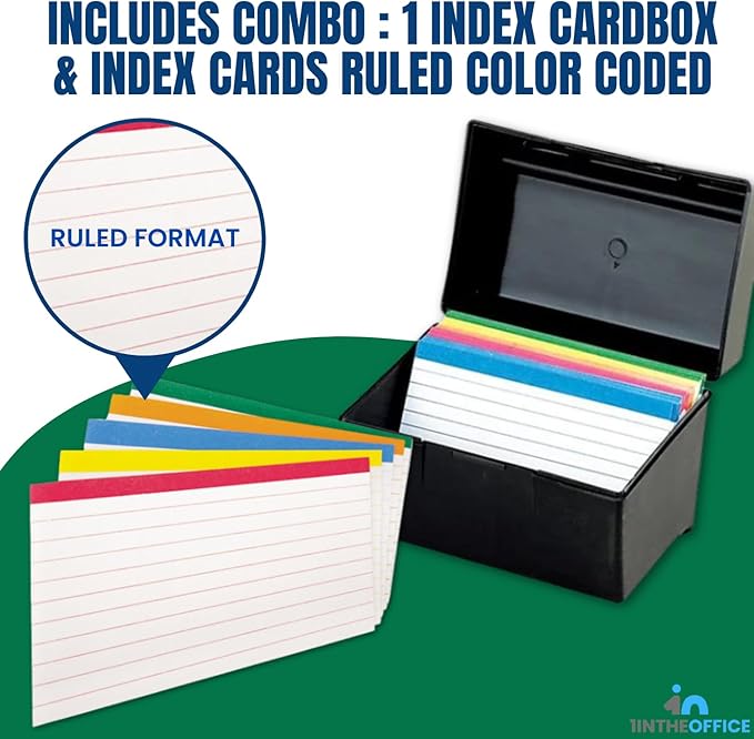 1InTheOffice Index Card Holder 3x5, & 100 pcs Index Cards Ruled Color Coded Assorted Color, Index Cards Storage Box 3x5 (Combo)