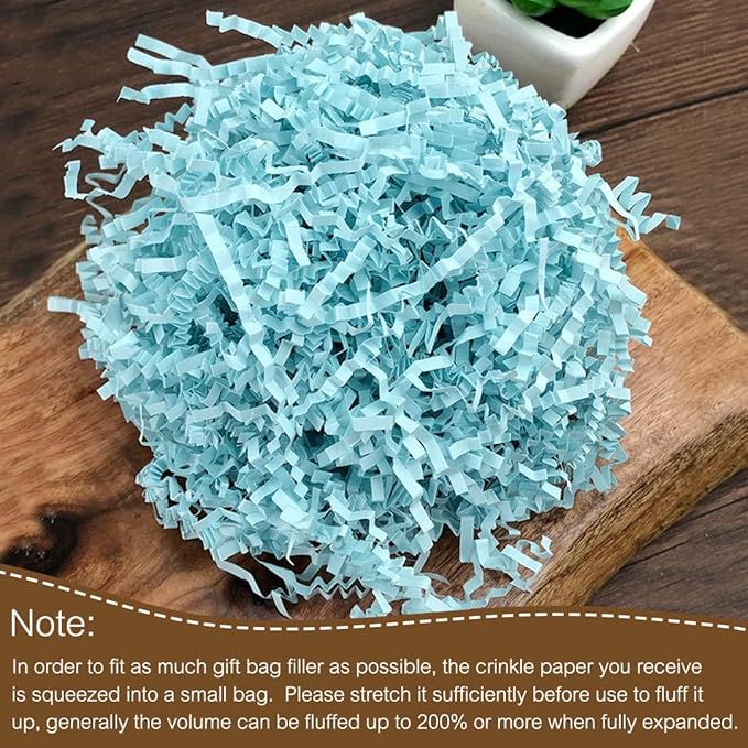 LYARCHTE Crinkle Paper Filler 5.2 oz, Crinkle Cut Paper Shred Filler Shredded TissueRaffia Grass Paper for Gift Basket Packing Bag Filler (Baby blue)