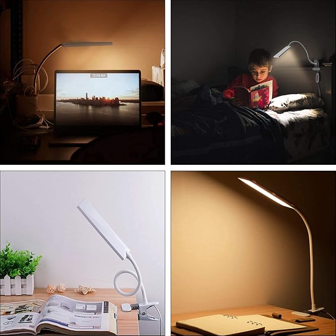 Vansuny Clip on Light LED Desk Lamp with Eye-Caring LED Metal Clip, 11 Level Brightness 3 Color Modes, Power by USB Port 5W Adjustable Neck Reading Light for Home and Office (5W, White)
