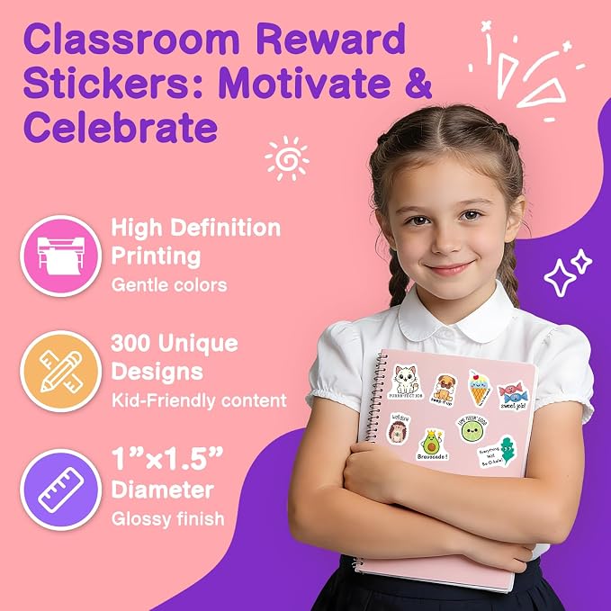 300pcs Teacher Stickers for Kids Classroom Must Haves - Waterproof Reward Stickers for Students, Teacher Supplies with Unique Designs - Perfect for Classroom Rewards & Home Encouragement