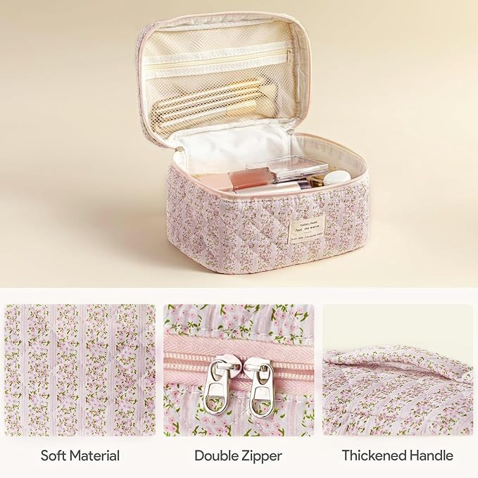 HBselect Quilted Makeup Bag, 3Pcs Cotton Large Travel Makeup Bags Organizer | Cute Floral Make up Bag Cosmetic Bag Toiletry Bag for Women Girls, Makeup Pouch for Skincare, Brushes & Travel Essentials