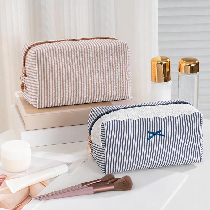 6PCS Makeup Bag Travel Toiletry Bag for Women, Small Cosmetic Bags Cute Brown Stripe Aesthetic Organizer Makeup Pouch for Purse Emergency Bag Pencil Case Accessory Bag