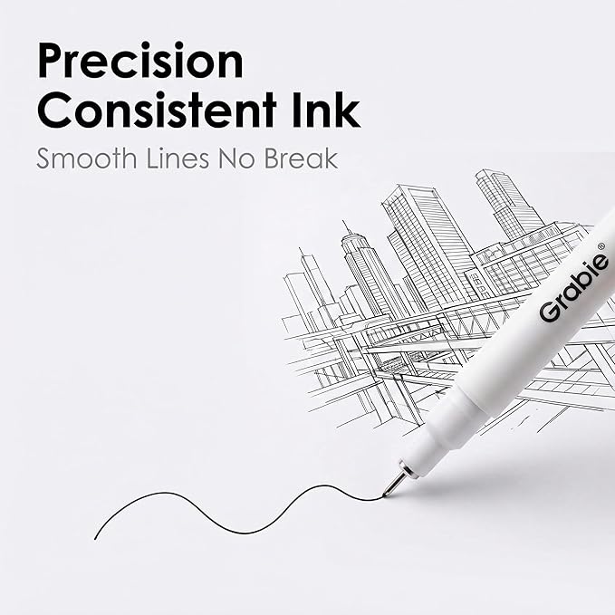 Grabie Micro Finerliner Pens, 6 Black Fine Line Waterproof Drawing Pens, Assorted Point Sizes for Sketching, Illustration, Journaling, Art Supplies