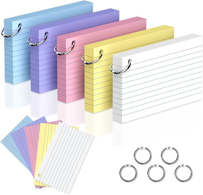 250 Count Colored 3 x 5 Inch Index Cards with Ring, Ruled Flash Cards for Office Use, Portable Note Cards for Study, Thick Flashcards for Home and School