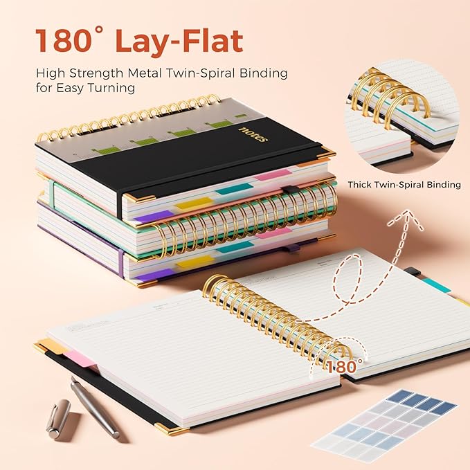 Line Hardcover Spiral Notebook with Removable Dividers Tabs & Ruler, 5 Subject Notebook College Ruled, 300 Page, Large 8"x10" B5 Notebooks for Work School, Lined Journal for Women & Men, Black