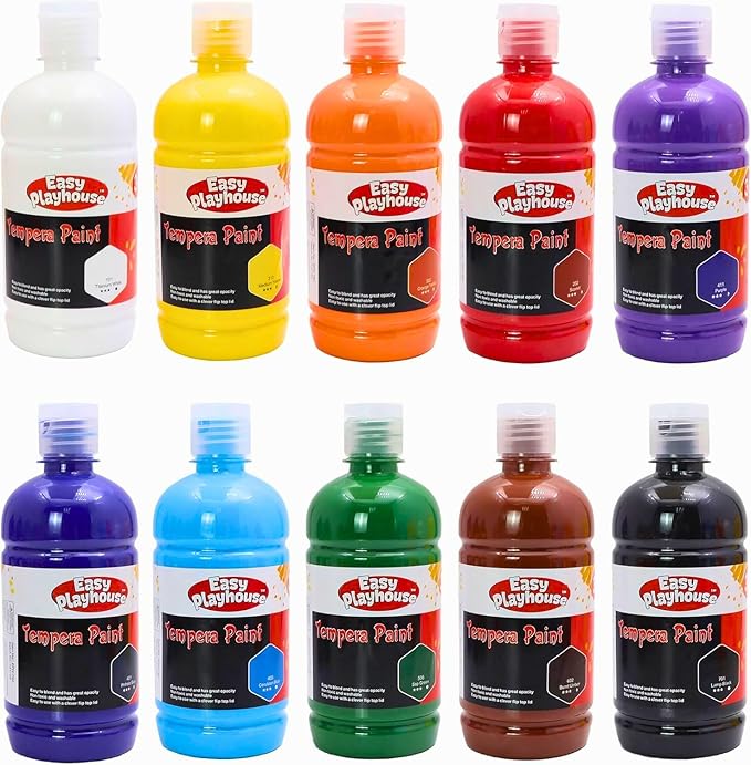 Easy Playhouse 10 Pack 16oz Washable Tempera Paints for Kids, Non-Toxic and Vibrant Colors, Ideal for School Projects, Arts, Crafts, and Creative Activities, Safe Art Supplies Set