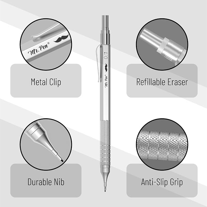 Mr. Pen- Metal Mechanical Pencil Set with Lead Refills & Erasers, 2 Pack | 2 Sizes, 0.5 & 0.7mm, 4x Tubes 2B Lead Refill, 2x Erasers for School Supplies, Note Taking, Drawing, Sketching, Office