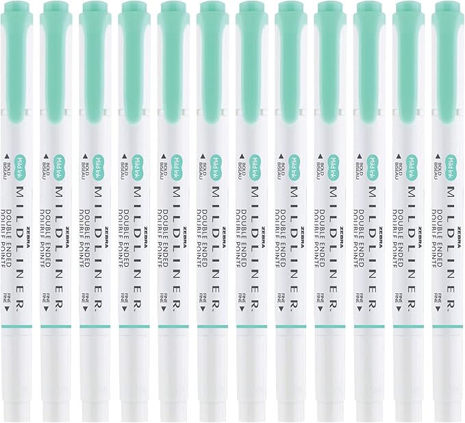 Zebra Pen Mildliner Dual-Tip Highlighters, Broad and Fine Tips, Ideal for Bible Highlighting, No Bleed, School Supplies, Teacher Supplies, and Office Supplies, Mild Blue-Green Ink, 12-Pack (78220upc)