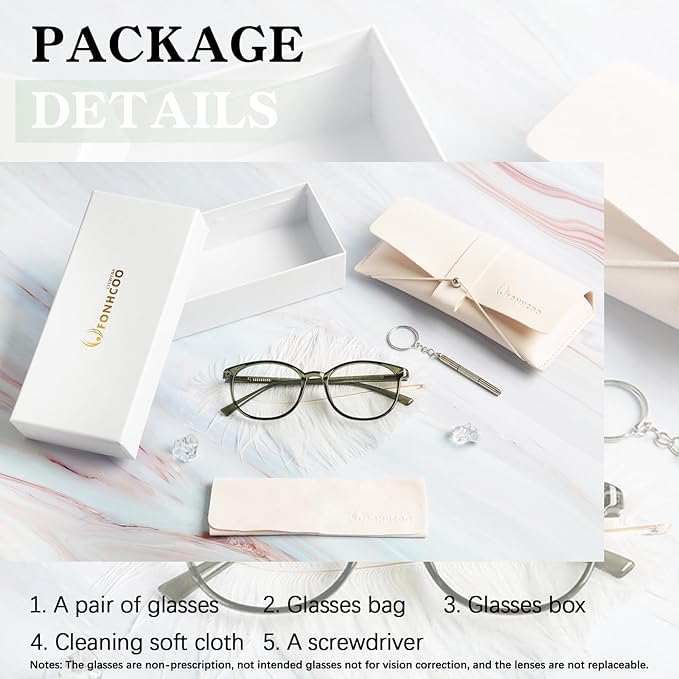 FONHCOO Stylish Blue Light Glasses Women Men Eyeglasses, TR90 Fashion Round Transparent Eye Glasses (Green)