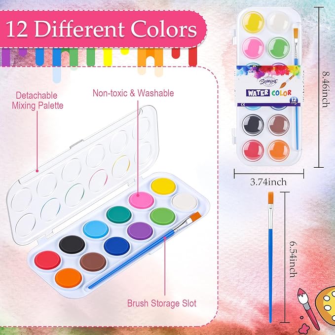 Nuanchu Gifts Bulk Watercolor Paint Washable Watercolor Paint Kits Palette and Brushes Portable Water Color Supplies for Adults, Beginners Artists Graduation Gift(6 Pack,12 Colors)