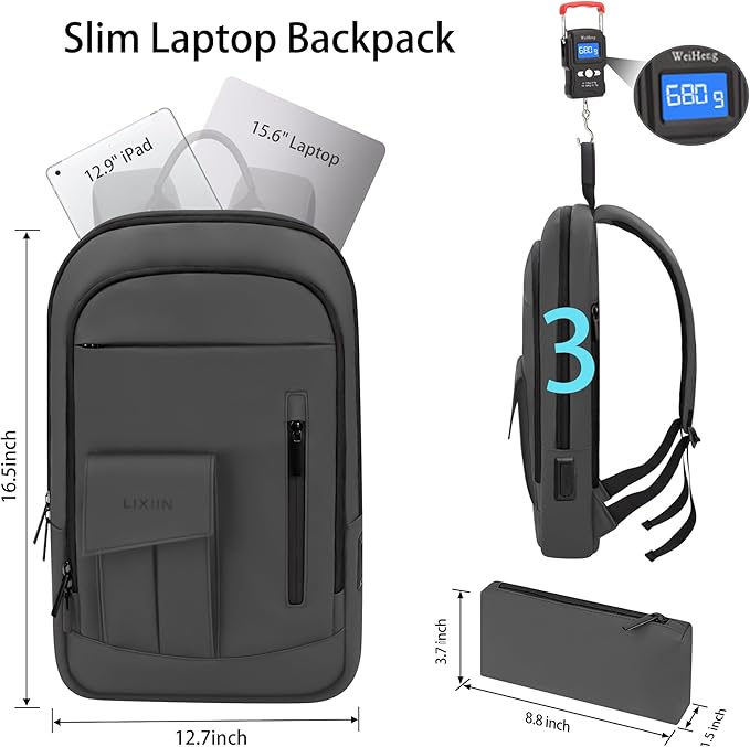 Business Backpack for Men Slim Lightweight Laptop Backpack Water Resistant Small Office Backpack for Commute Travel Daily Office Work with Small Bag (Grey, 15.6")