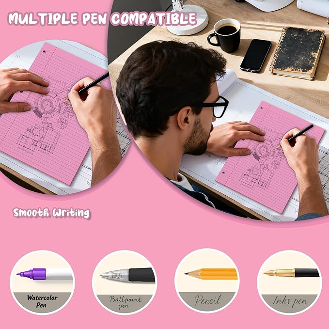 Pink Loose Leaf Paper 8 x 10.5, 120 Sheets Lined Paper College Ruled Paper, 3 Hole Punched Notebook Paper College Ruled, 3 Ring Binder Paper 8 x 10.5, Filler Paper College Ruled for Office, School