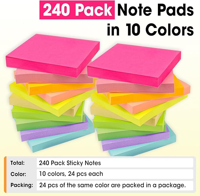 240 Pads Sticky Notes 3x3, Self-Stick Pads Bulk Bright Colors, School Supplies, Office Products, 50 Sheet/Pad