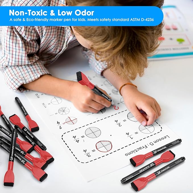 maxtek Dry Erase Markers - 6 Count Red Magnetic Dry Erase Markers Fine Tip with Eraser, Low Odor Whiteboard Markers for Calendar Boards