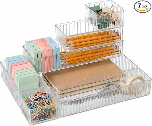 7 PCS Clear Drawer Organizer Bins, Stackable Office Desk Drawer Organizers with 7 Connector Clips, 4 Sizes Plastic Drawer Trays for Office Supplies, Bathroom, Vanity, Makeup & Kitchen