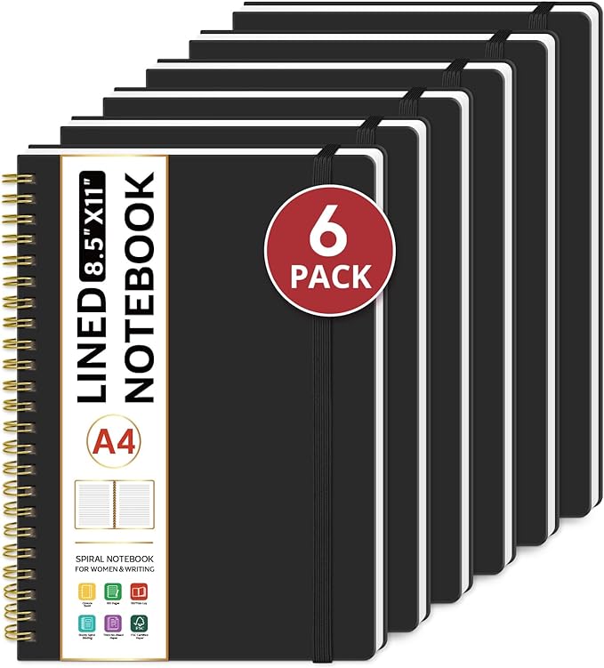 Taja Spiral Lined Notebook, 8.5"x11" Notebooks for Work, 6 Pack, Large A4 Journal for Women & Men, College Ruled Journaling Notebook for Writing, 6 Pcs, Plastic Cover Spiral Journal, Black