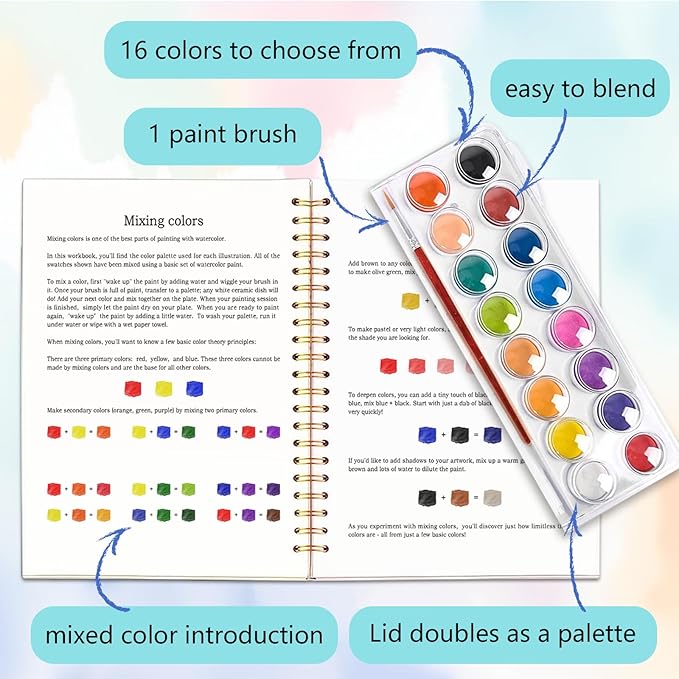 Easy Watercolor Workbook for Beginners - 12 Beautiful Step-by-Step Paintings Water Coloring Book, Includes 16 Colors Paints, Relaxing Art Projects and Creative Gift for Adults & Teen (Travel)