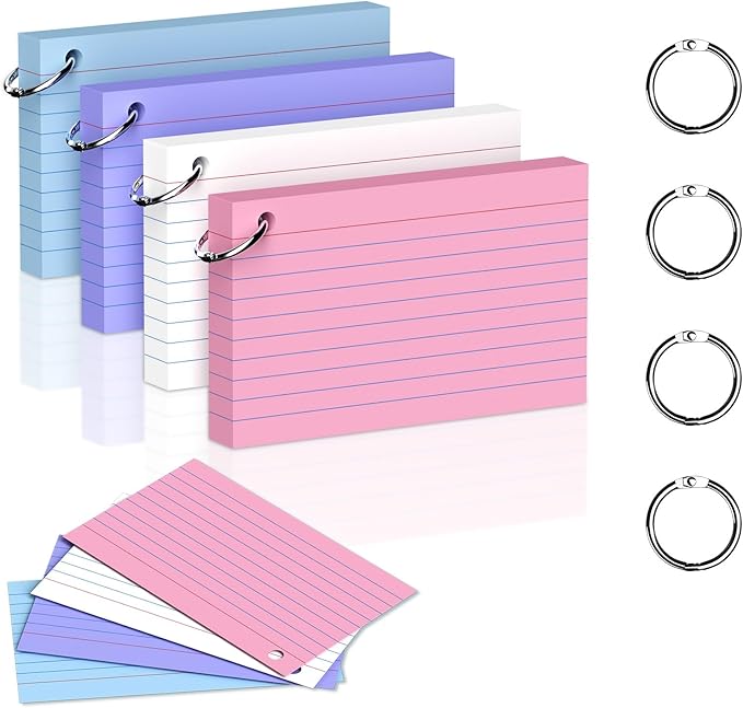 200 Count 3 x 5 Inch Colored Index Cards with Binder Rings, Lined & Blank Study Cards, Thick Cardstock Flash Cards for Students & Teachers, Color-Coded Notecards for School, Home, Work