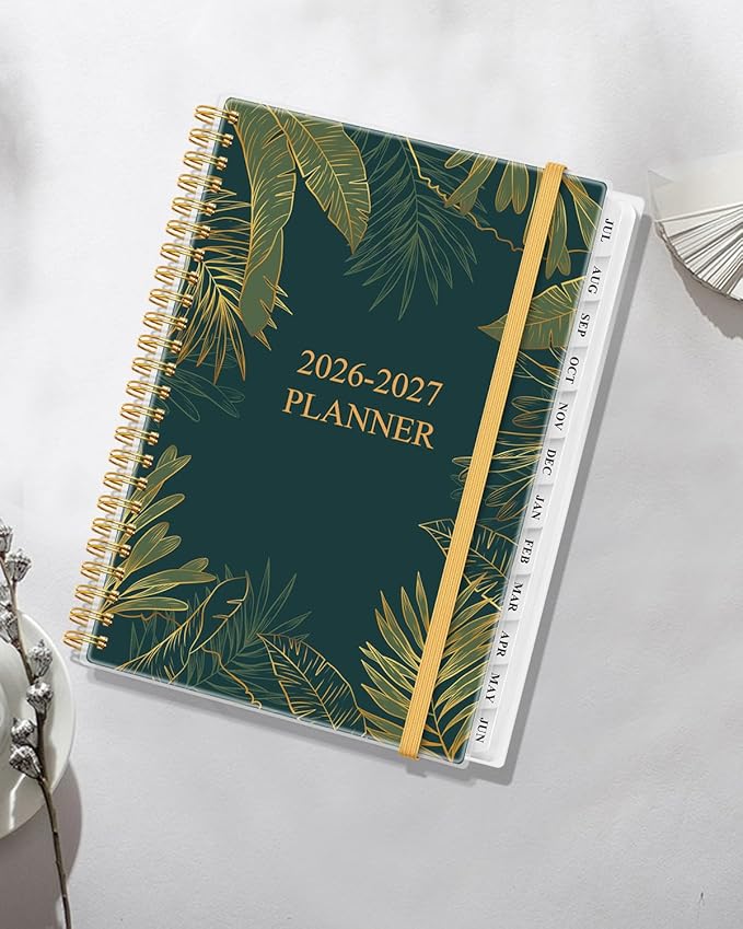 Planner 2026-2027 - Weekly & Monthly Planner from July 2026 to June 2027, Agenda 2026 2027 with Inner Pocket, Elastic Band, 6.4" x 8.5", Green Glod Leaf