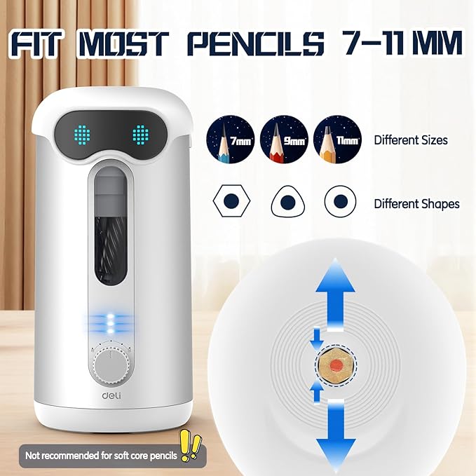 deli Electric Pencil Sharpener, Fully Automatic Pencil Sharpener for 7-11mm Colored/Jumbo Pencils, Auto in & Out, Rechargeable Hands-Free Pencil Sharpener for Classroom Home Office, Low Noise, Silver